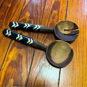 Vintage Hand Carved Serving Set Wooden and Horn